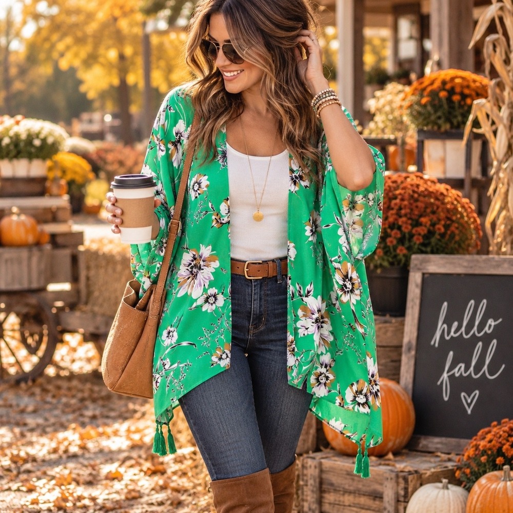 Maurices Green Floral Kimono One Size Boho Open Front Tassel Lightweight Top
